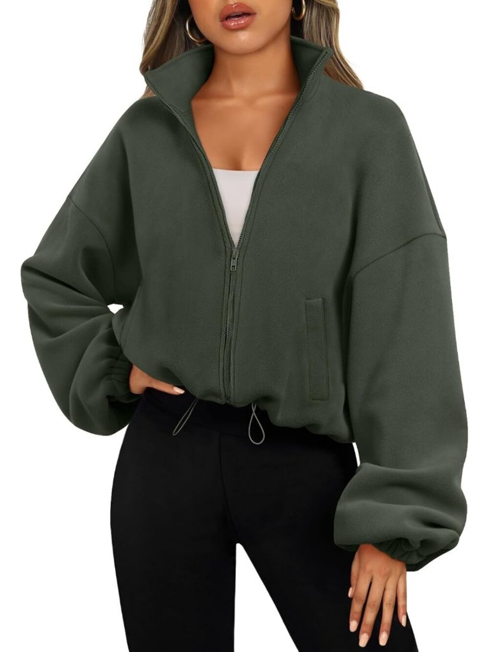 Women's Army Green Long Sleeve ZIP Up Oversized Cropped Sweatshirt Fleece Jacket